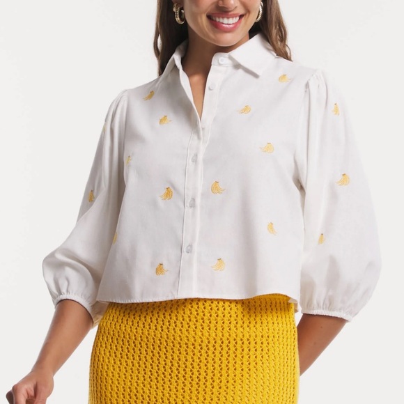 BlueSteel womens novelty embroidered banana collared button down linen cotton XL - Picture 3 of 10